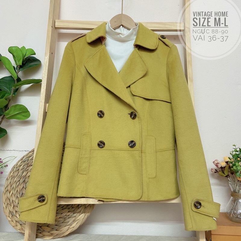 /Áo dạ nữ dáng ngắn cổ vest 2 hàng cúc hàng tag hiệu,màu cỏ úa