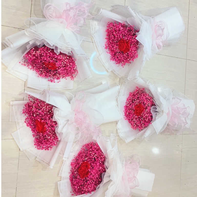 Bó hoa baby hồng phấn mix hoa sáp đỏ nổi bật, hoa thật sấy khô cực bền, quà tặng hoa khô