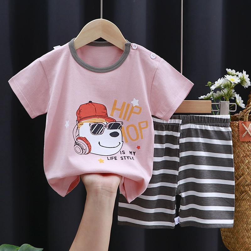 Bộ Quần Áo Cộc Tay Siêu Dễ Thương Bé Trai In Hình Vui Nhộn Chất Cotton Hàng Xuất Khẩu