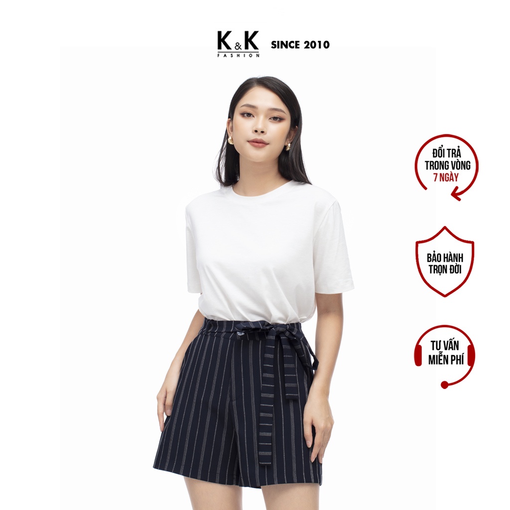 Quần Short Nữ K&amp;K Fashion Kẻ Sọc Thắt Nơ QCS02-15 Chất Liệu Kaki