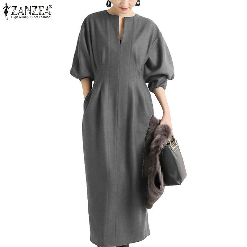Đầm Maxi ZANZEA Tay Phồng Phong Cách Cổ Điển Thanh Lịch Thời Trang Nữ