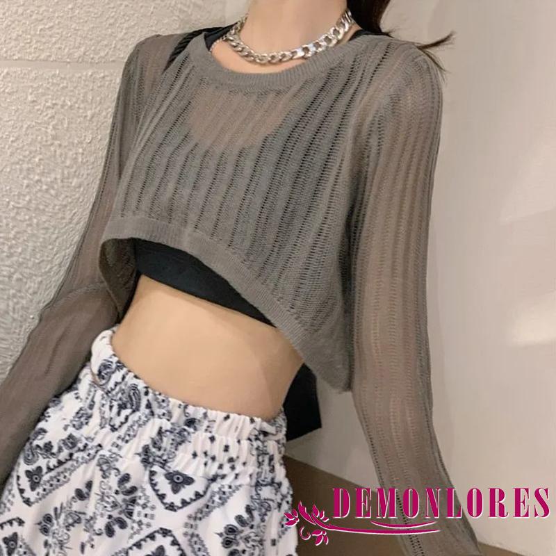 Áo Croptop Dệt Kim Tay Dài Cổ Tròn Màu Trơn Phong Cách Hàn Quốc Thời Trang Mùa Hè Cho Nữ