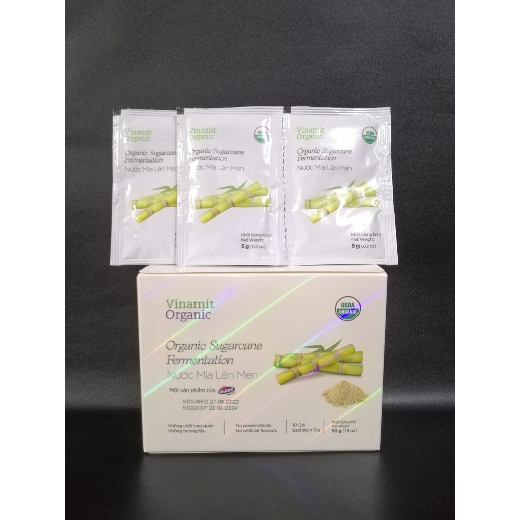 Nước mía lên men Vinamit hữu cơ 100% hộp 50g 10 gói nhỏ phiên bản mới