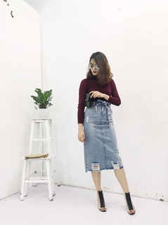 Chân váy denim rách cạp cao