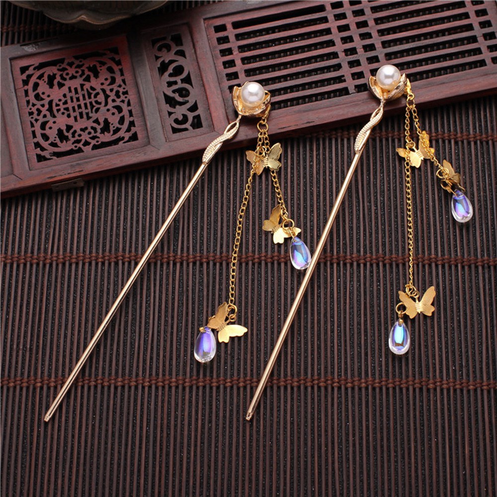 Trâm cài tóc hình bướm tua rua đính ngọc trai phong cách Trung Hoa cổ điển thời trang