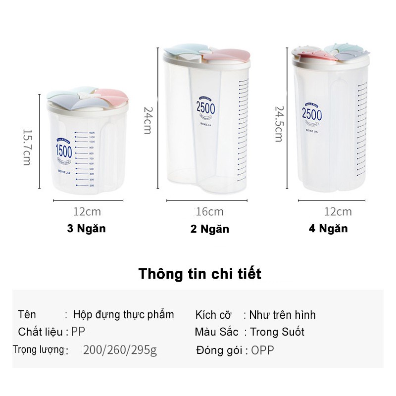 Hộp bảo quản thực phẩm loại 1500ml/ 2500ml chia nhiều ngăn đựng hạt, ngũ cốc, gia vị, đồ khô