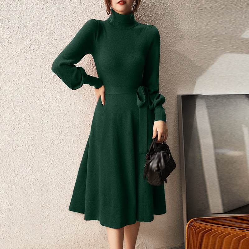 Đầm maxi Zanzea cổ lọ tay phồng dài phối thắt lưng thời trang cho nữ
