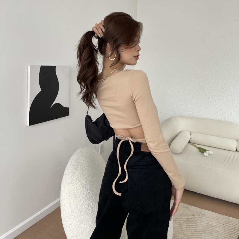 Áo croptop nữ body dài tay TOPTIFY khoét eo cột dây Ella Rose AC226