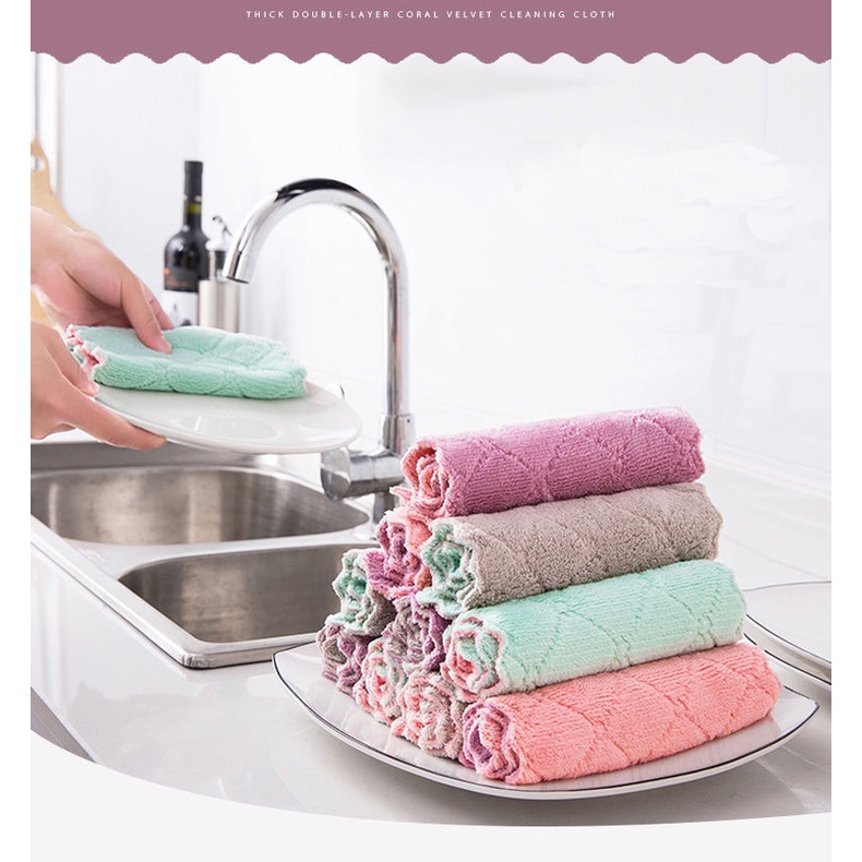 Set 5 Khăn Lau Chén Đĩa Hai Lớp Thấm Hút Nước Chống Dính Dầu Tiện Lợi
