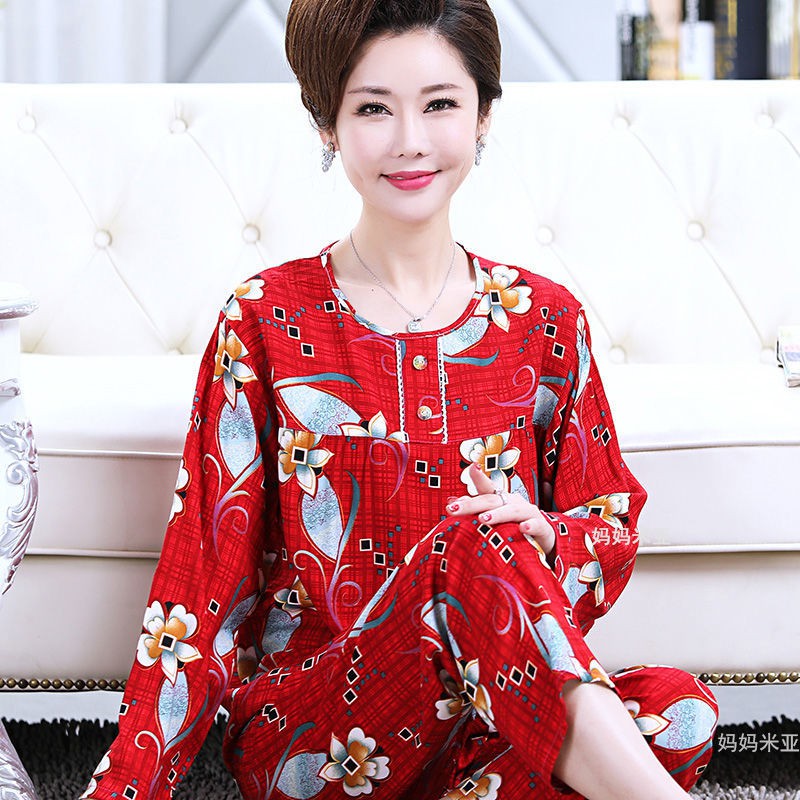 Bộ đồ ngủ cotton cao cấp cho bà mẹ Pyjama nữ cotton lụa dài tay xuân hè size 200 kg trung niên và cao tuổi Bộ quần áo m