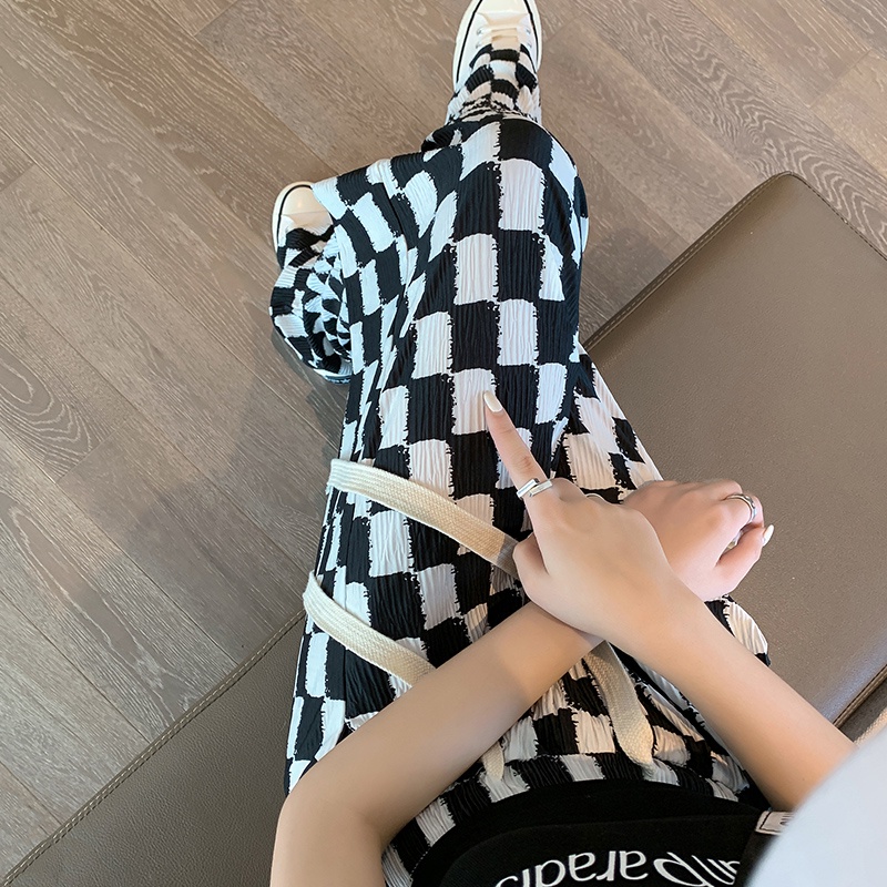 SUXI Quần Dài Lưng Cao Ống Rộng Họa Tiết Sọc Caro Thời Trang Mùa Hè Cho Nữ
