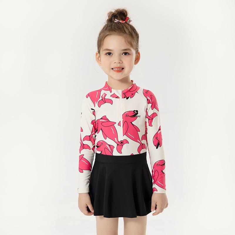 Đồ bơi bé gái liền thân chân váy Moma Song họa tiết Cá heo Hồng sen 907182