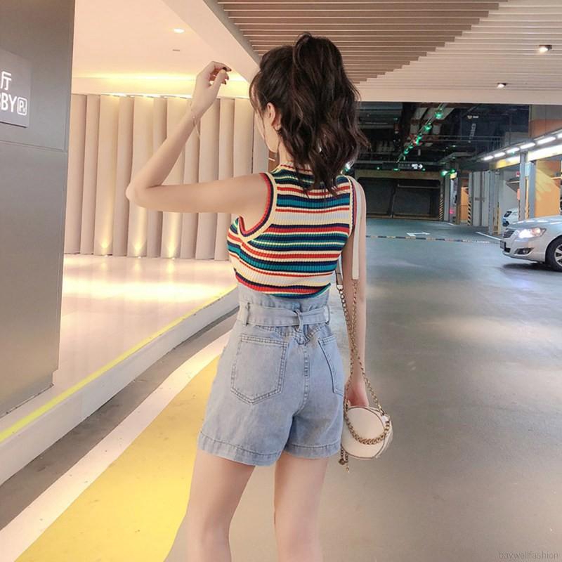 Áo sát nách cổ tròn màu sắc cầu vồng tương phản cho nữ
