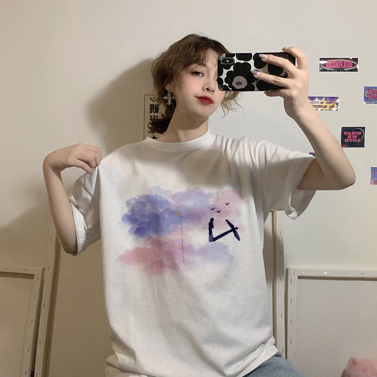 THEODORA White/Black sky print round neck ulzzang short sleeve t shirt Korean style summer loose boyfriend miss sleeve tshirt Fashion mid-long women tops