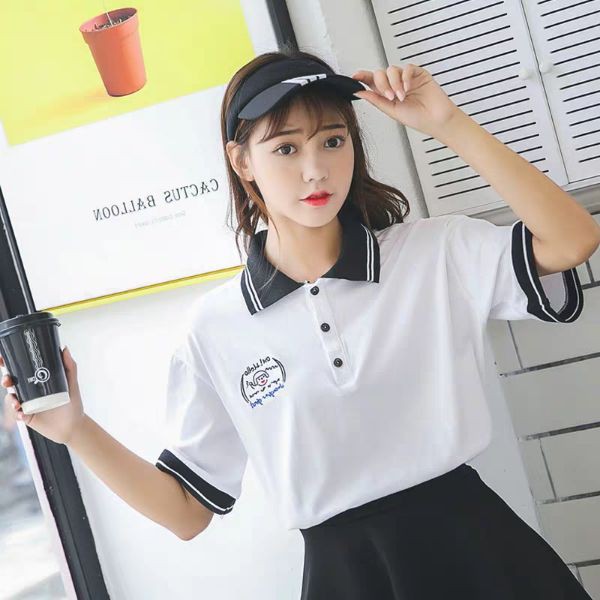 Áo Thun Cổ Trụ Dáng Rộng Viền Cổ Thêu Hình, Thun Polo Nữ Cổ Bẻ Form Rộng Ulzzang