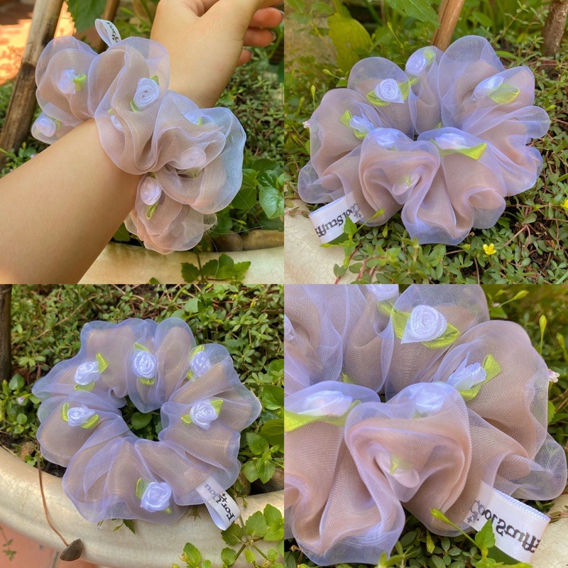 Đồ buộc tóc scrunchies voan 2 lớp thêu hoa hồng (màu mới)🤎