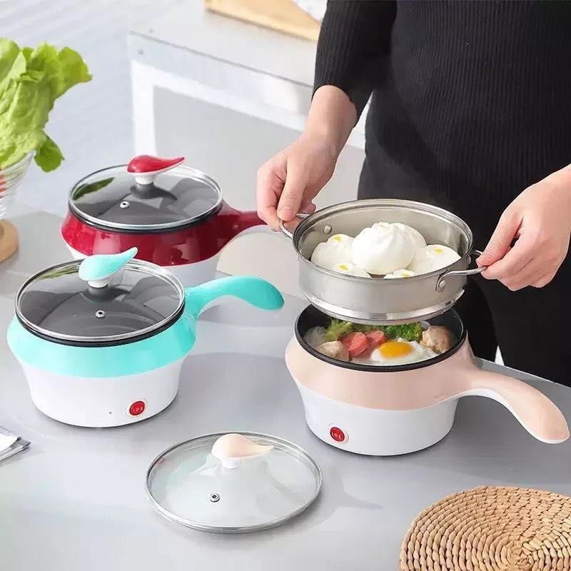 Nồi lẩu điện mini đa năng có tay cầm, ca nấu mỳ kèm giá hấp tiện lợi khi đi du lịch Vbig Mart