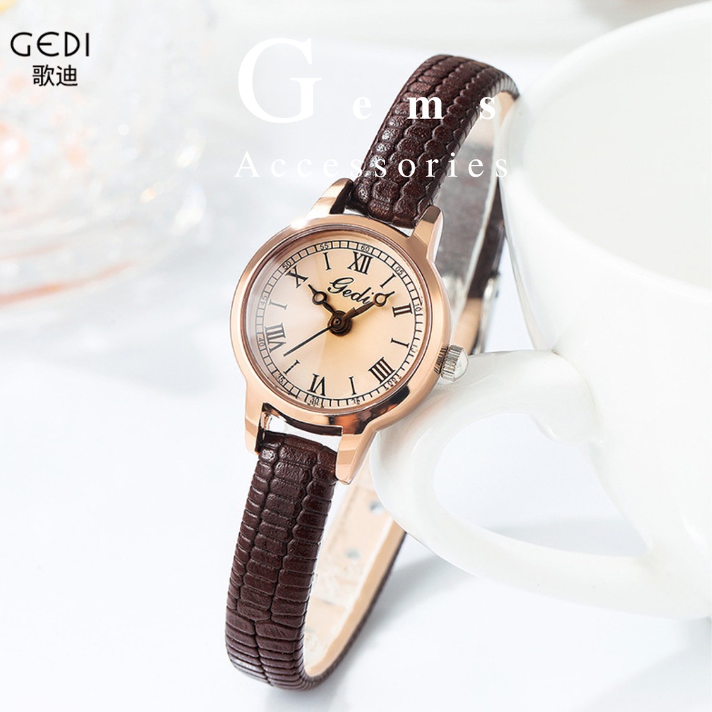 Đồng Hồ Nữ Dây Da Cao Cấp Chính Hãng Gedi Mặt Tròn Đẹp Thanh Lịch Giá Rẻ Gems ACC