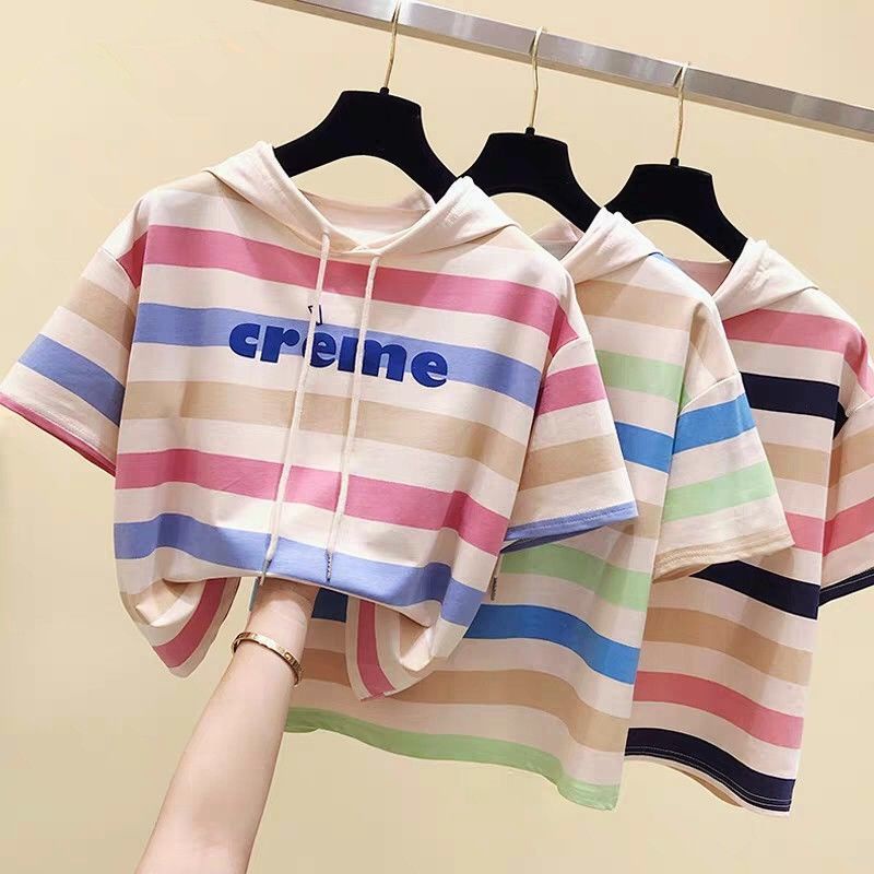 Áo Hoodie Tay Ngắn Dáng Rộng Kẻ Sọc Dễ Phối Đồ Thời Trang Mùa Hè Phong Cách Hàn Quốc Mới Cho Bé Gái 2022
