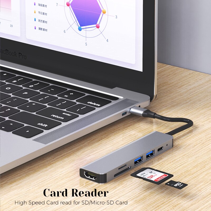 Bộ Chuyển Đổi USB C HD 6 Trong 1 Type-C Sang HDMI 4K USB 3.0 SD TF PD Cho Macbook Huawei HUB