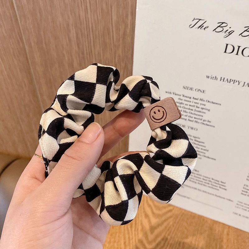 Dây Buộc Tóc Họa Tiết Caro Trắng Đen Mặt Cười Thời Trang Phong Cách Hàn Quốc