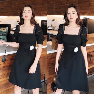 Đầm tay phồng đính hoa eo