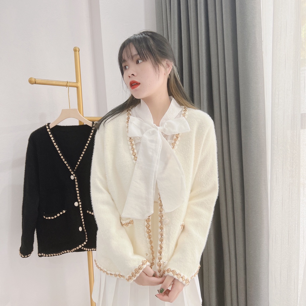 Áo khoác len lông thỏ cổ tim viền vặn kim tuyến Thảo chi chất len mịn dày dặn