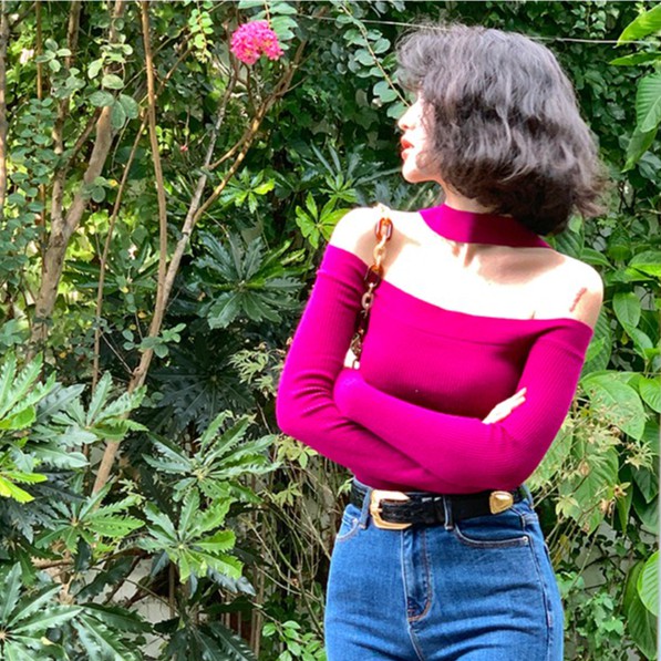 Áo dệt kim trễ vai dáng ôm phong cách retro thời trang mùa thu