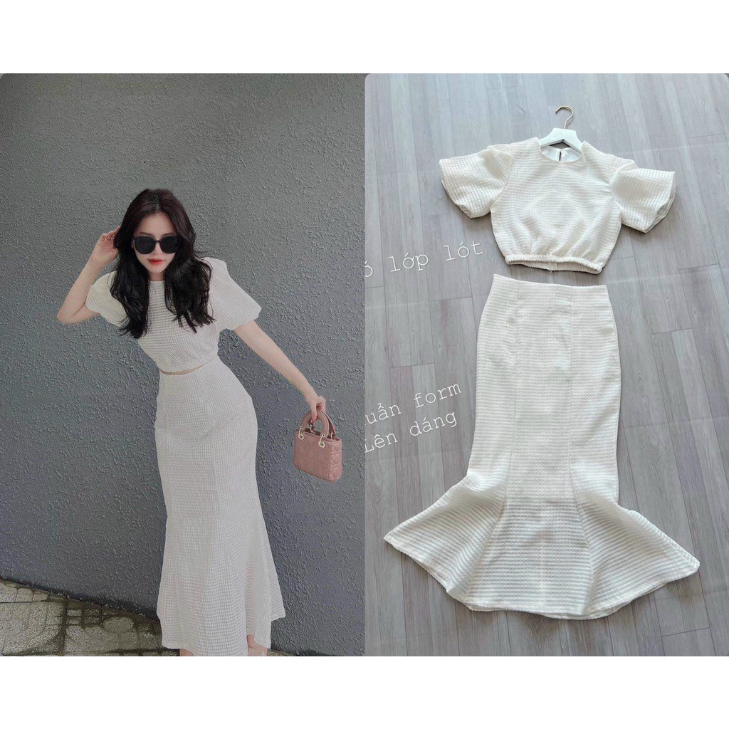 Sét bộ đồ nữ croptop trắng chân váy đuôi cá xinh phong cách trẻ trung phù hợp đi dạo