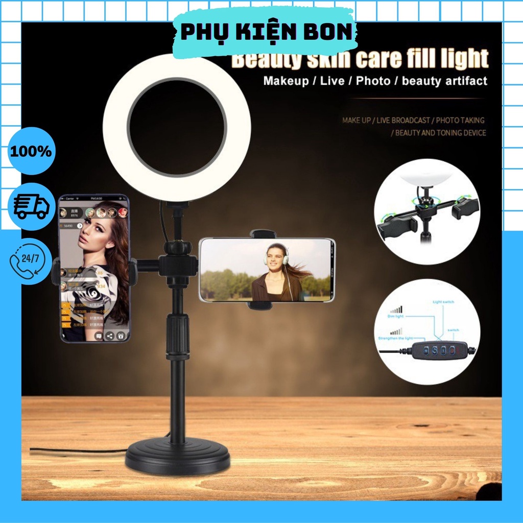 Đèn Livestream 3 in 1 Tích Hợp Giá Đỡ 2 Điện Thoại Có 3 Chế Độ Sáng, Kẹp Điện Thoại Để Bàn Quay Video