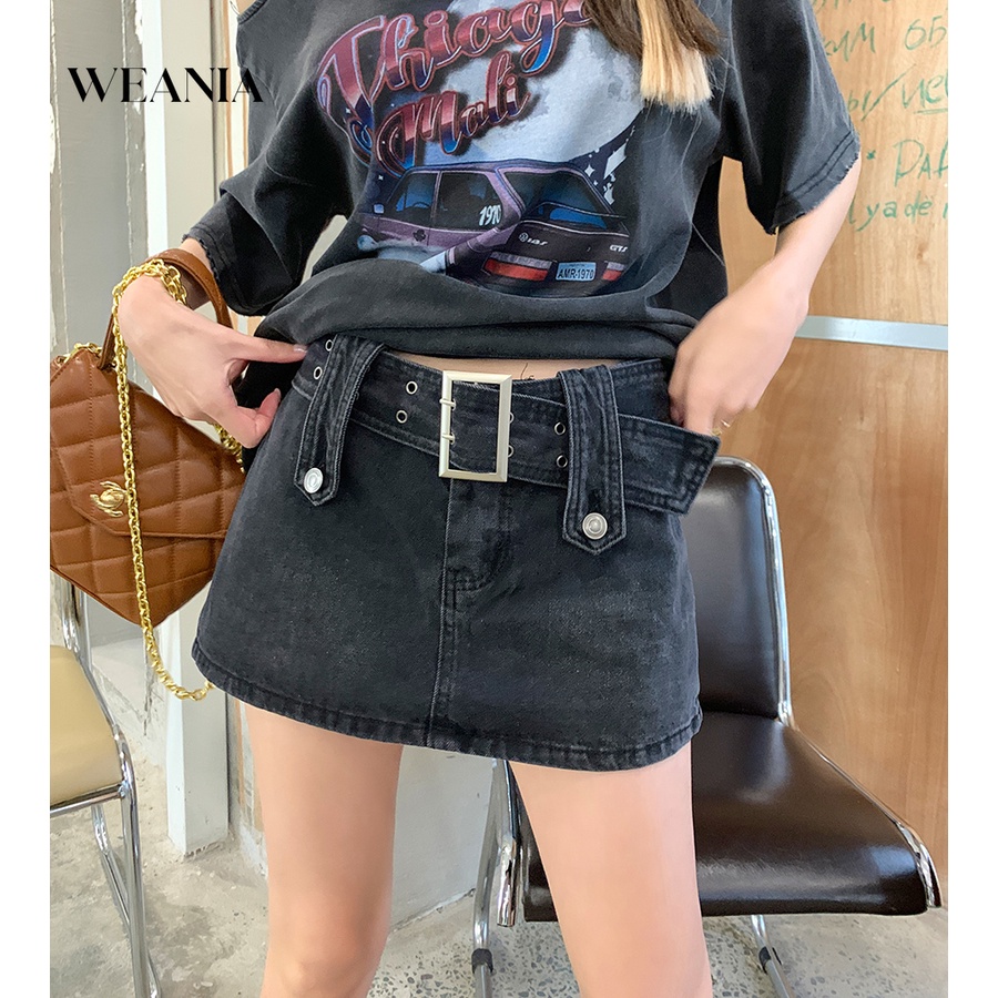 Chân Váy Denim Lưng Thấp Màu Trơn Phối Thắt Lưng Kiểu Hàn Quốc Cá Tính