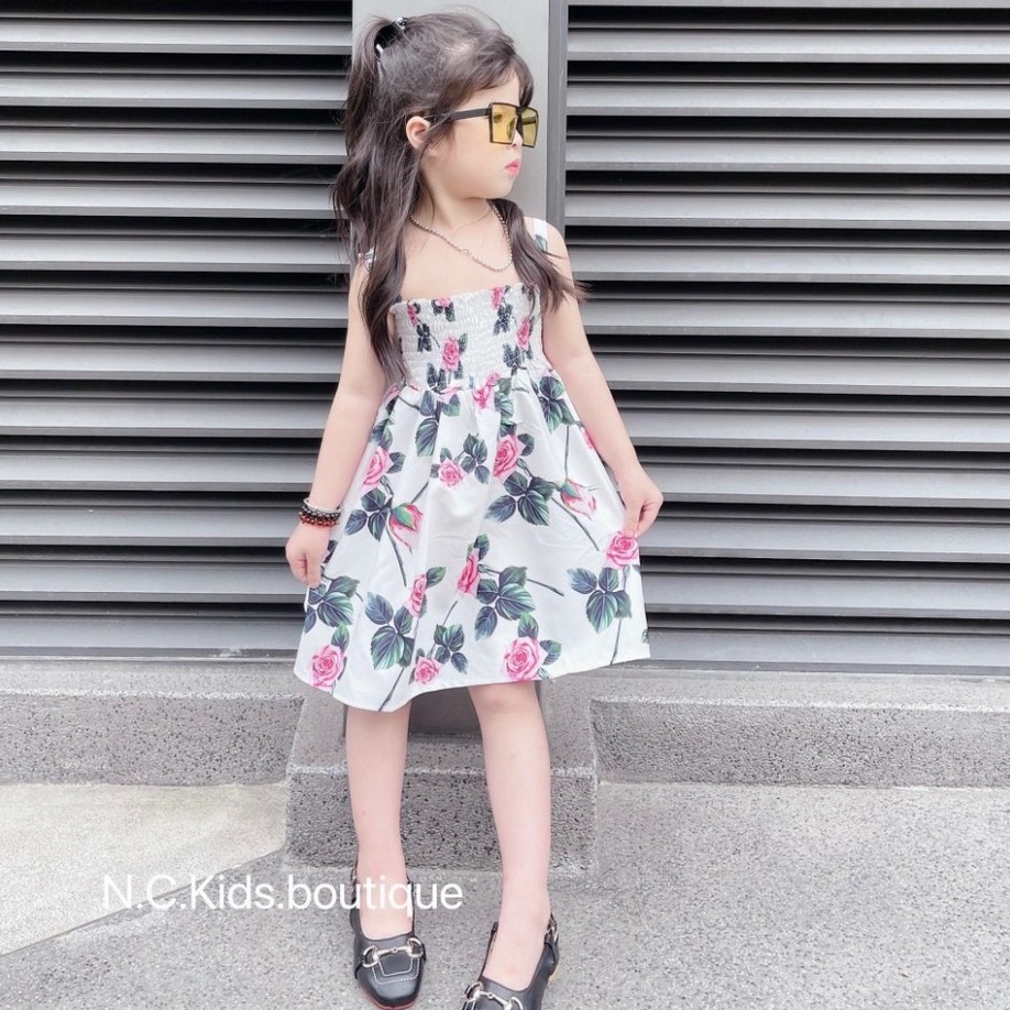 Váy bé gái hai dây bo ngực kèm Mũ, Đầm hoa dáng xòe xếp ly cực xinh cho bé từ 7 đến 18 kg, SUN KID'S