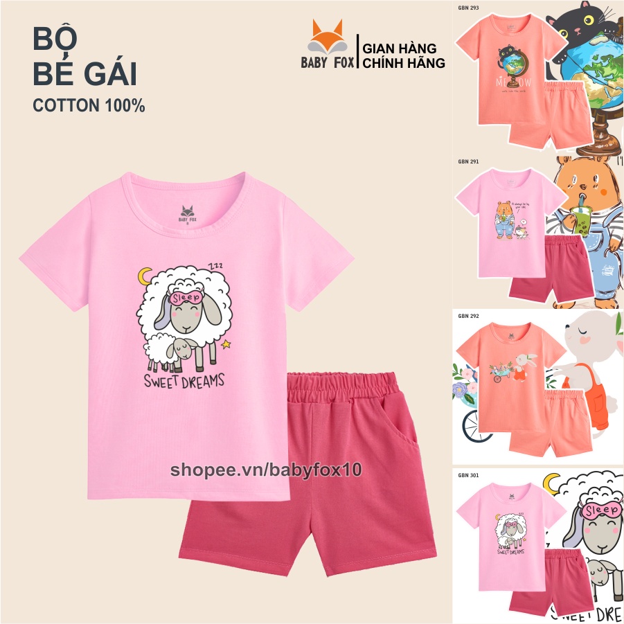 Bộ bé gái size nhỏ, trung, đại 100% cotton cao cấp, thương hiệu BABY FOX, hình mèo, thỏ đáng yêu g