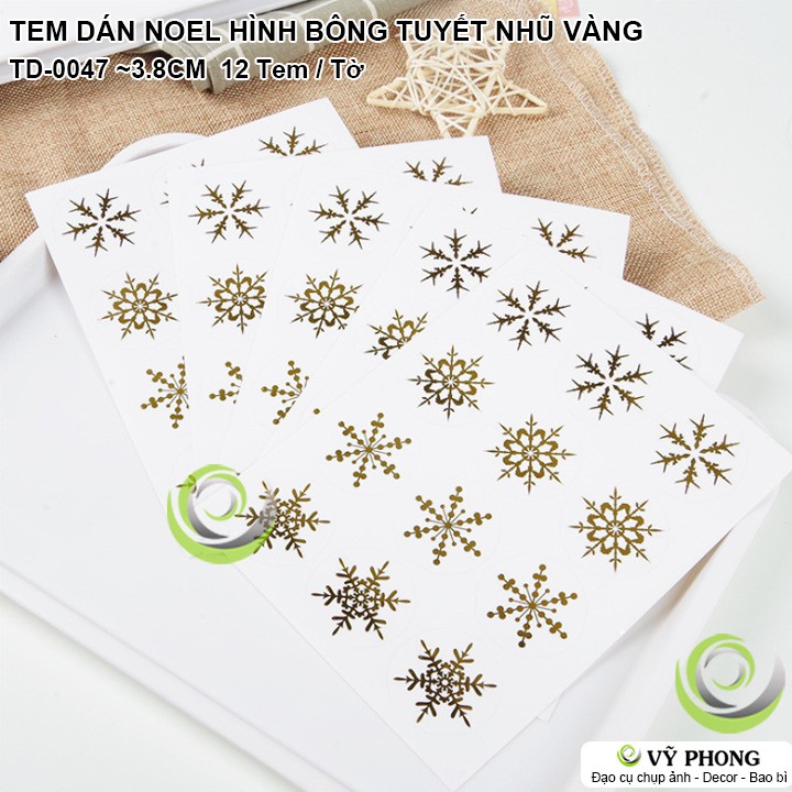 TEM DÁN STICKER NHÃN DÁN NOEL GIÁNG SINH HÌNH BÔNG TUYẾT NHŨ VÀNG TRANG TRÍ NIÊM PHONG BAO BÌ HỘP TD-0047