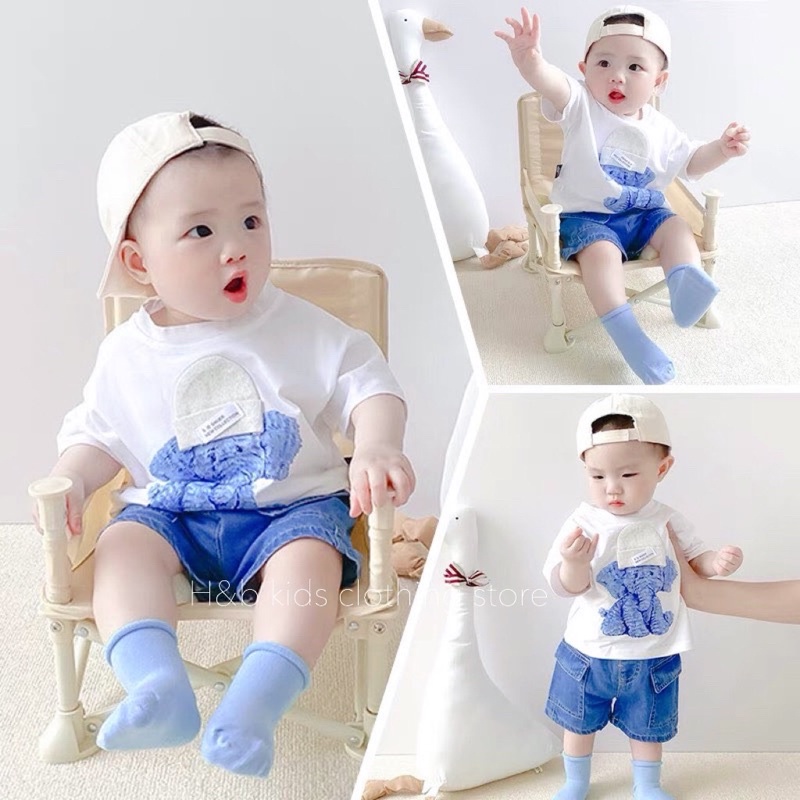 Set áo cotton co giãn in hình thú ngộ nghĩnh phối quần sooc jean mềm cho bé 1-5T (9-20kg) mặc lễ, Tết BTE17