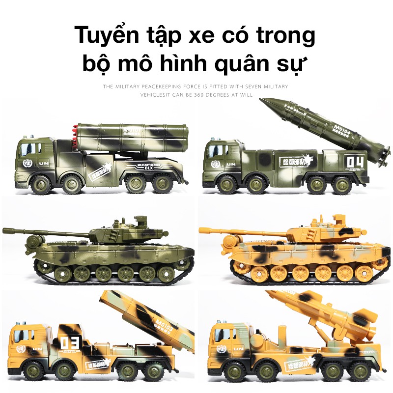 Bộ đồ chơi xe tăng xe tên lửa cho bé với nhiều chi tiết gồm 6 xe, đài gác, 4 hình người có hộp đựng