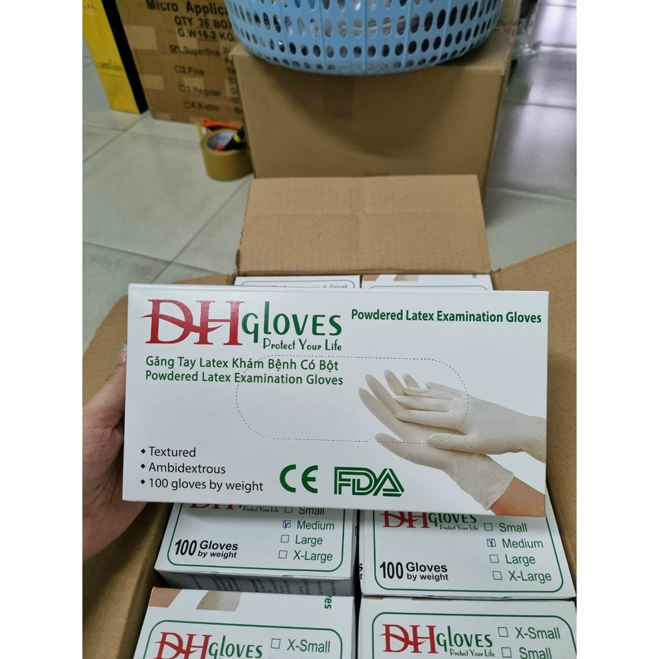 Hộp 50 đôi (100 chiếc) Găng tay cao su y tế ĐH Glove Latex , có bột chính hãng Có Bột Màu Kem 5.0gr - Size S,M,L