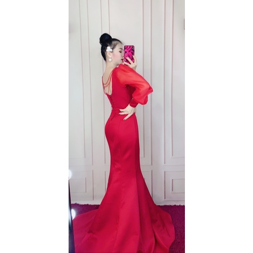 Đầm body đuôi cá mặc cướiTRIPBLE T DRESS tay dài phồng hở lưng phối chuỗi ngọc - size S/M/L -MS166Y