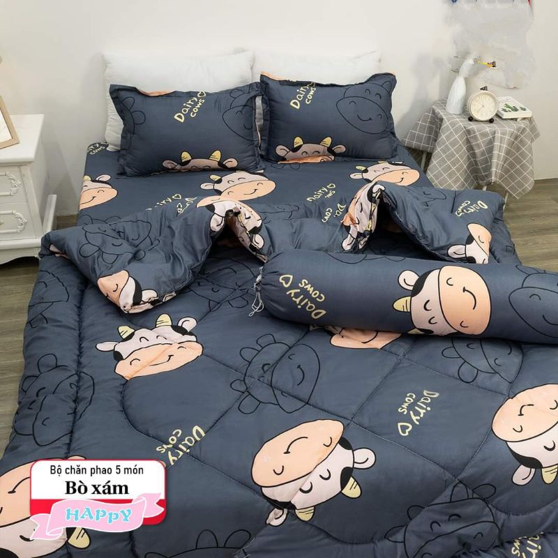 Set 5 món chăn phao drap ga giường , bộ mền ga gối dày dặn mùa đông kèm vỏ gối Chăn Ga Gối
