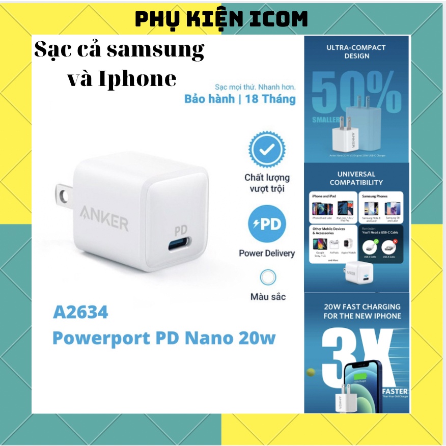 Củ Sạc nhanh Anker Powerport III Nano 20W A2634 1 cổng USB-C công nghệ PD sạc nhanh IPAD IPhone 11 12