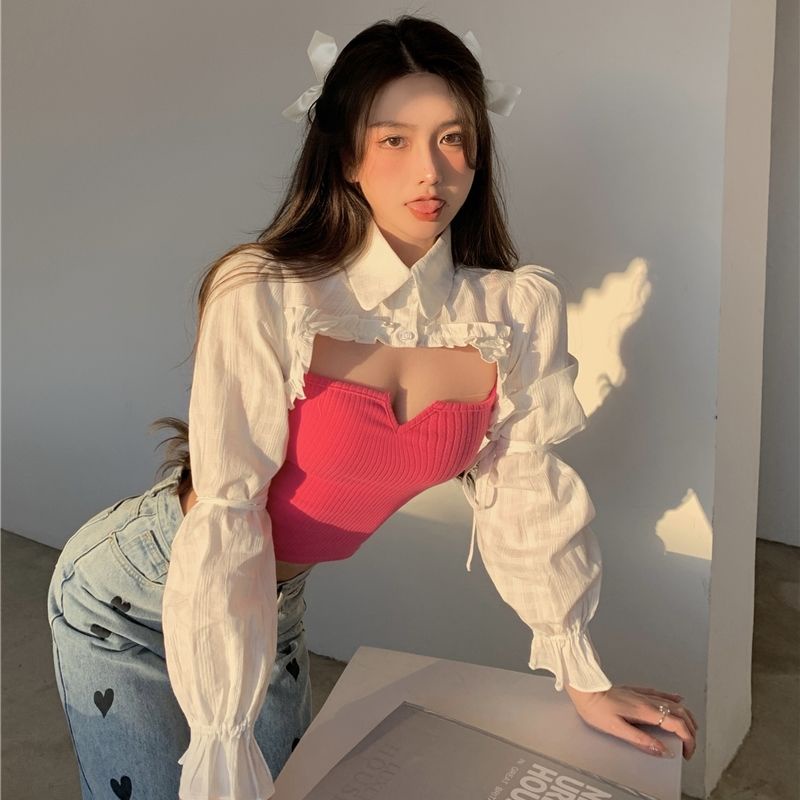 COZOK Set áo sơ mi ngắn tay + áo hai dây màu đỏ hồng xinh xắn