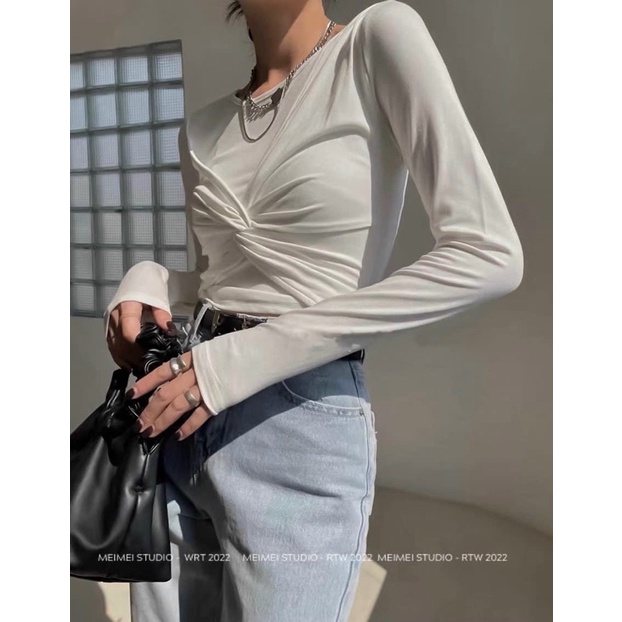 Áo thun  xoắn ngực ôm dáng, Áo kiểu ôm body co giãn AT1568 - NhiNhi Shop