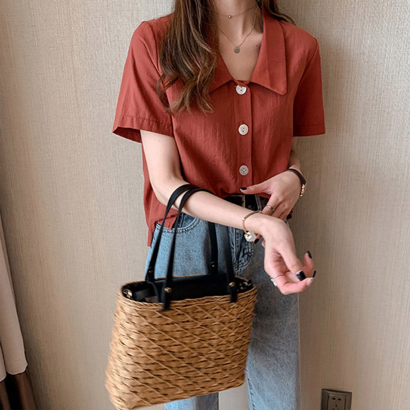 Áo kiểu sơ mi tay ngắn màu trơn thời trang phong cách retro cho nữ