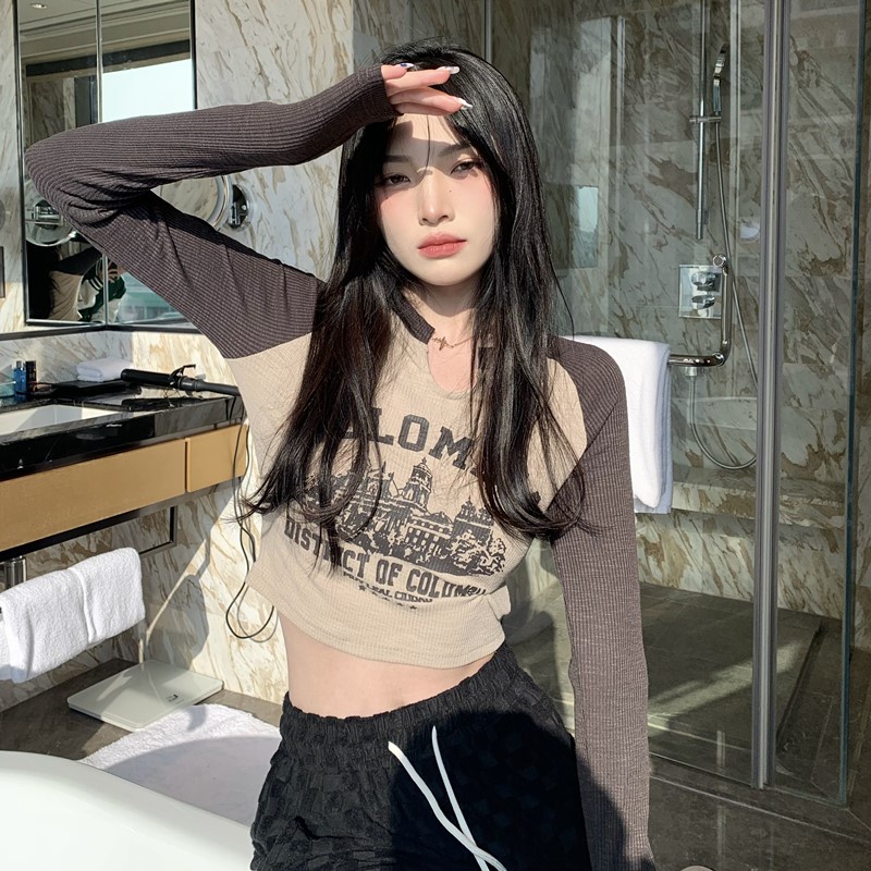 Áo dệt kim ZHELIHANGFEI tay dài cổ tròn dáng ôm phong cách retro Mỹ