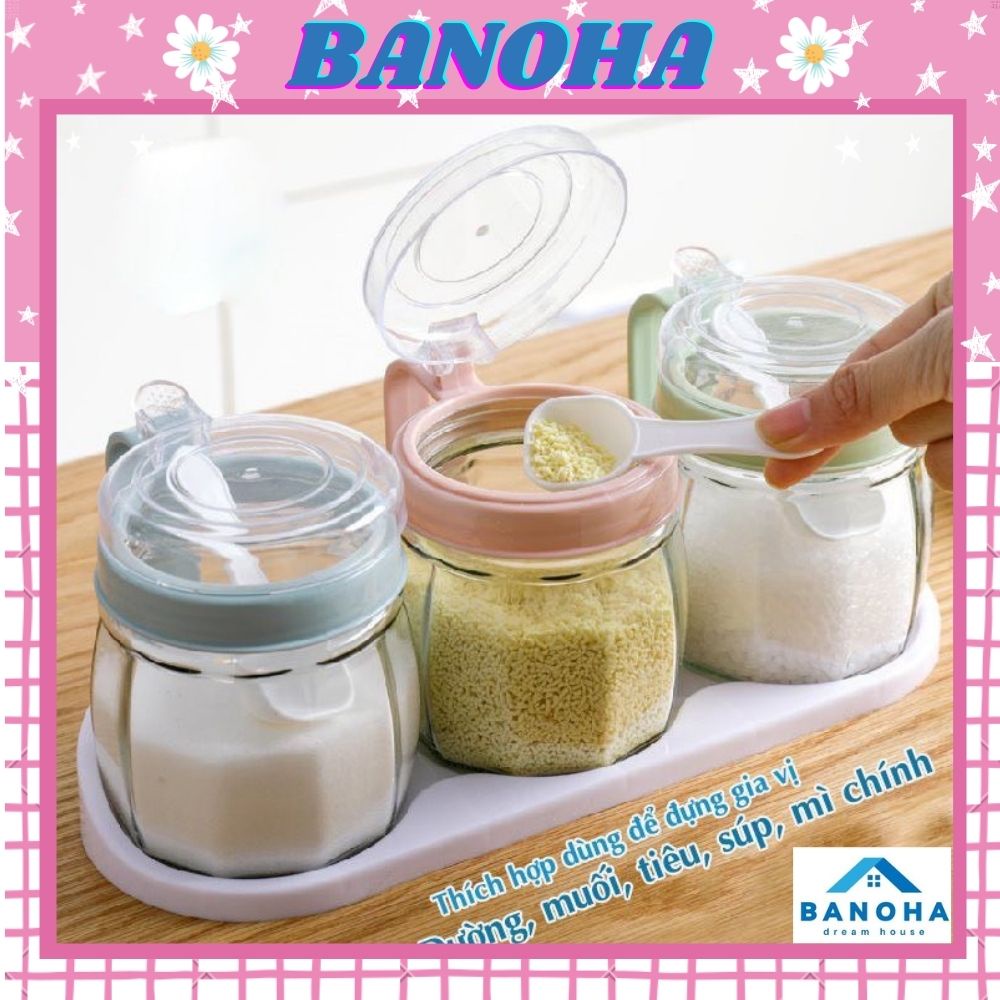 Bộ 3 lọ đựng gia vị kèm muống thìa Việt Nhật, hũ đựng gia vị có nắp hàng cao cấp BANOHA 2938