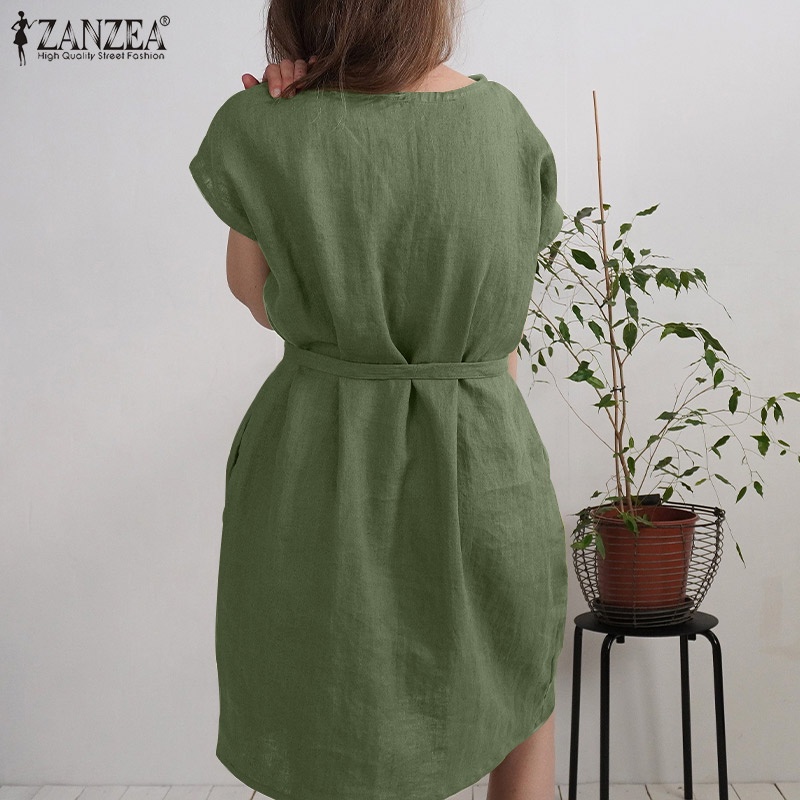 Zanzea Đầm Midi Tay Ngắn Dáng Rộng Màu Trơn Có Túi Tháo Rời Được Phong Cách Châu Âu Thời Trang