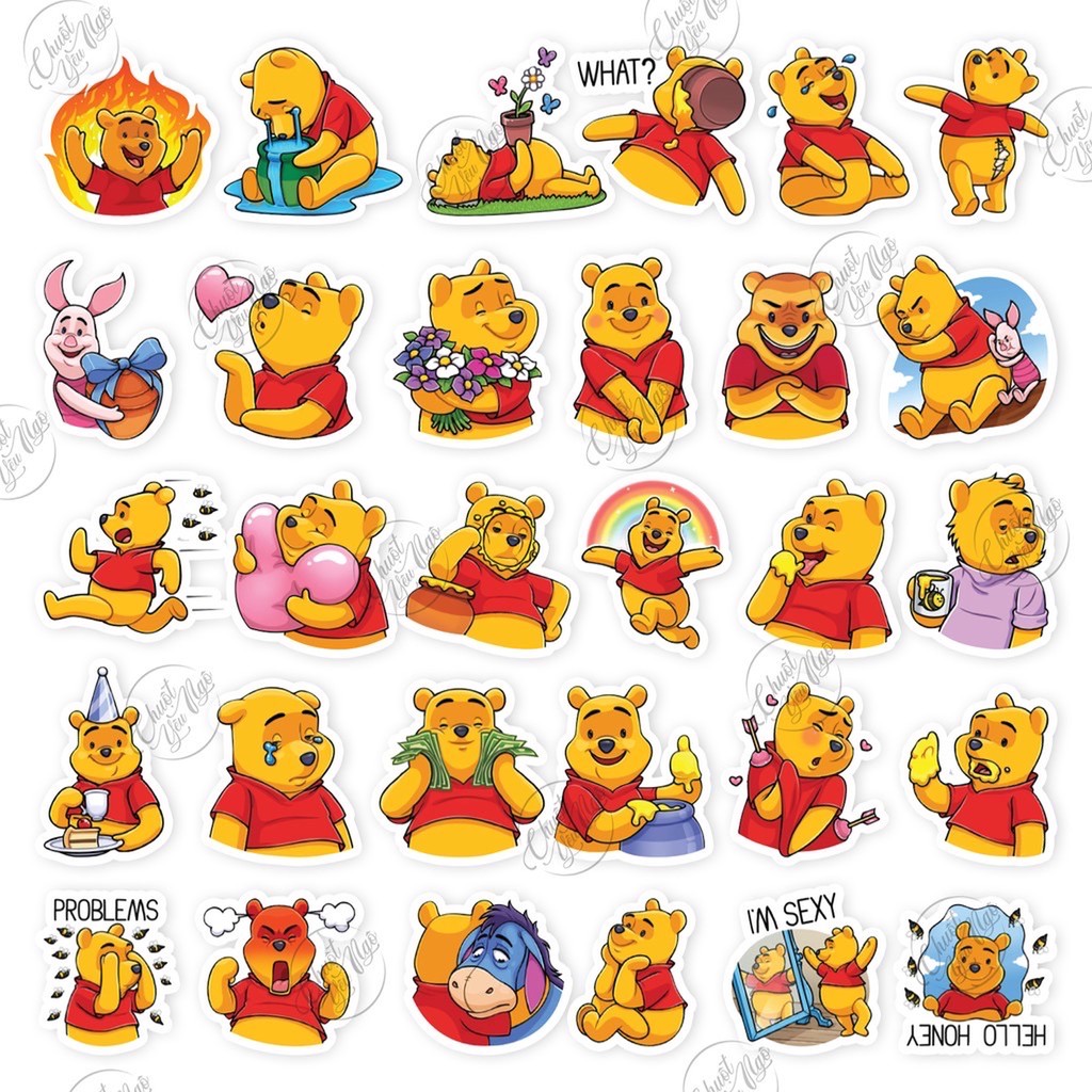 Combo 30 sticker hình dán chống nước chủ đề gấu vàng Pooh dễ thương