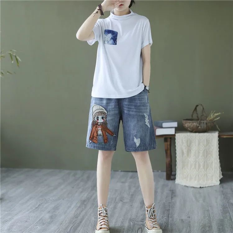 Quần Short denim Lưng Thun Thêu Họa Tiết Mẫu Mới Thời Trang Mùa Hè Cho Nữ