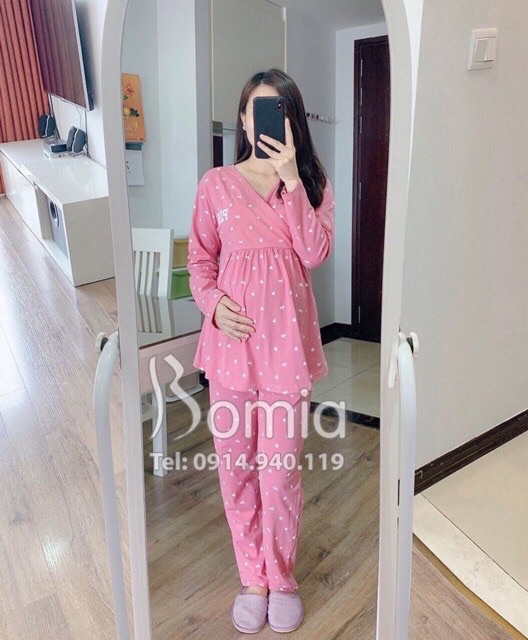 Bộ đồ bầu pink vạt chéo dài tay mặc bầu và sau sinh