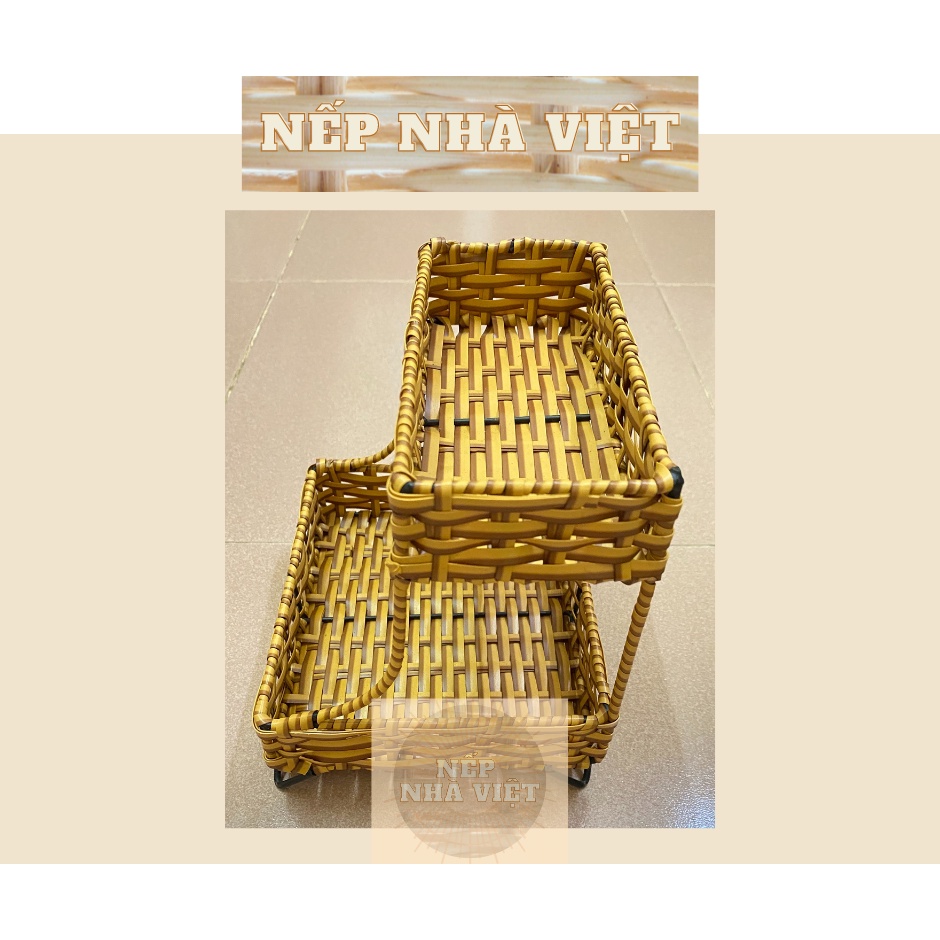 Kệ Nhựa Mạ Mây Tre Đan Hình Chữ Nhật 2 Tầng Đa Năng - Để Khăn Giấy, Đũa, Thìa Gọn Gàng